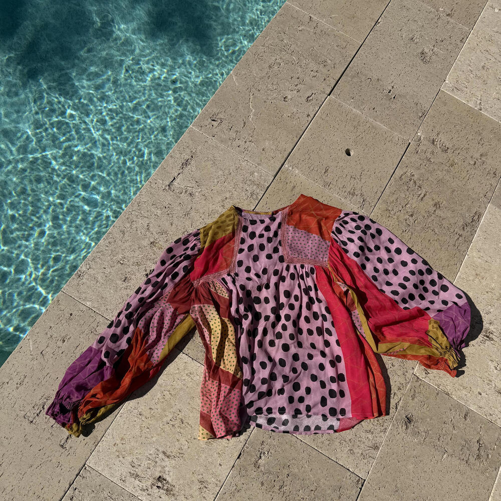 Anthropologie blank Colorful Polka Dot Patchwork Blouse with Balloon Sleeves